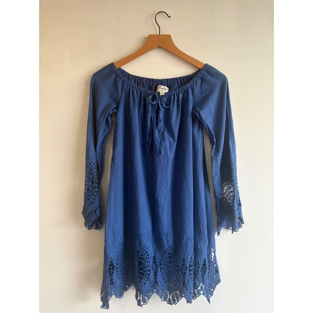 Roxberi Studio Cadence Blue Crochet cottage Lace Off Shoulder Boho Mini Dress S